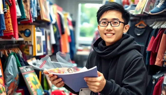 Anime fan choosing sustainable merchandise among a variety of products, with a joyful expression.