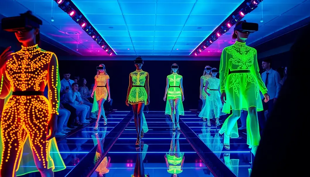 Models showcase eco-friendly fashion on a futuristic runway.