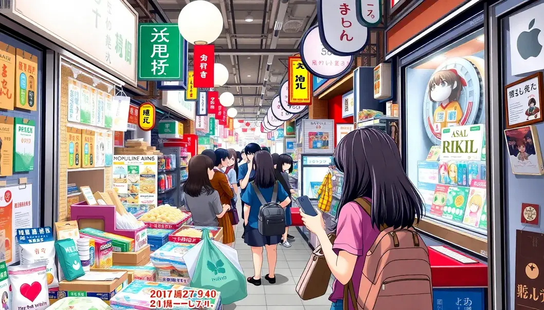 Anime fans making conscious purchasing decisions in a bustling Akihabara-inspired marketplace.