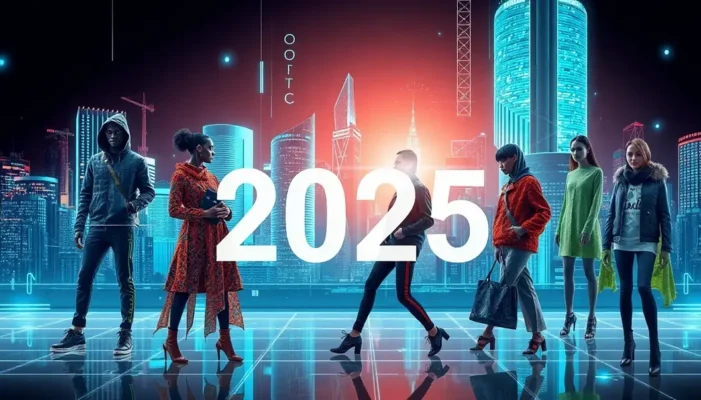 A collage showing futuristic fashion elements like digital designs and eco-materials against a digital cityscape backdrop.