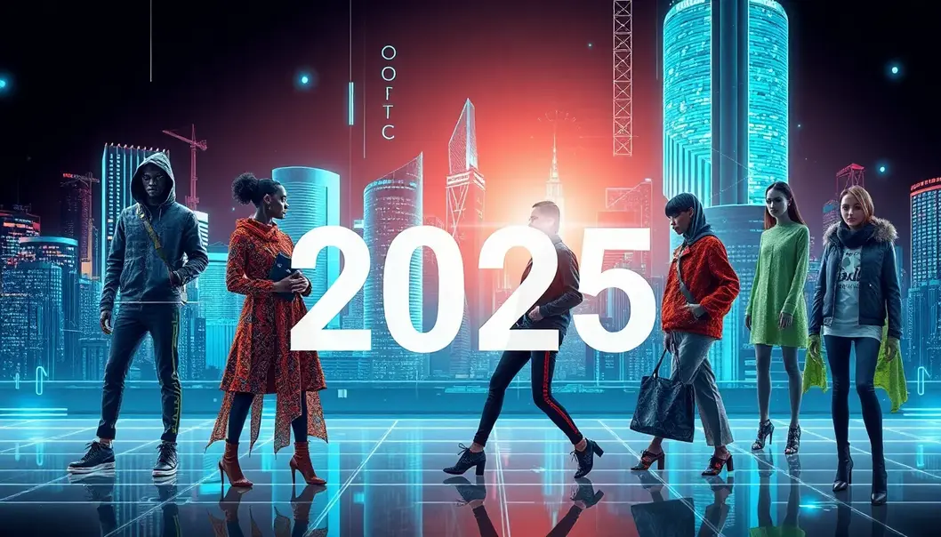 A collage showing futuristic fashion elements like digital designs and eco-materials against a digital cityscape backdrop.