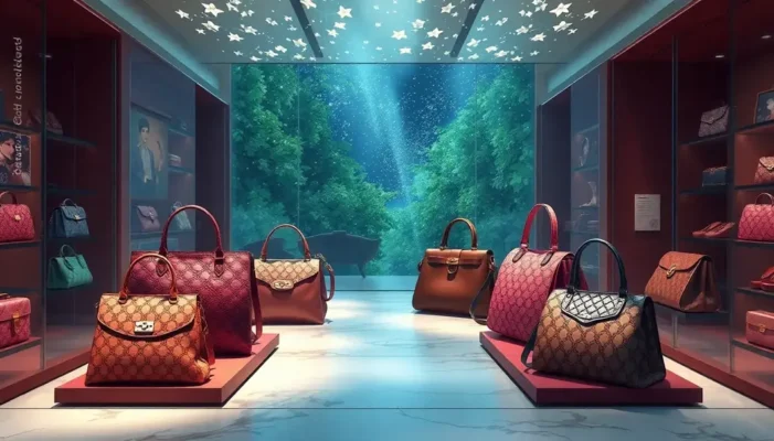 An assortment of whimsical handbags displayed against an anime-like backdrop, featuring magical realism elements.