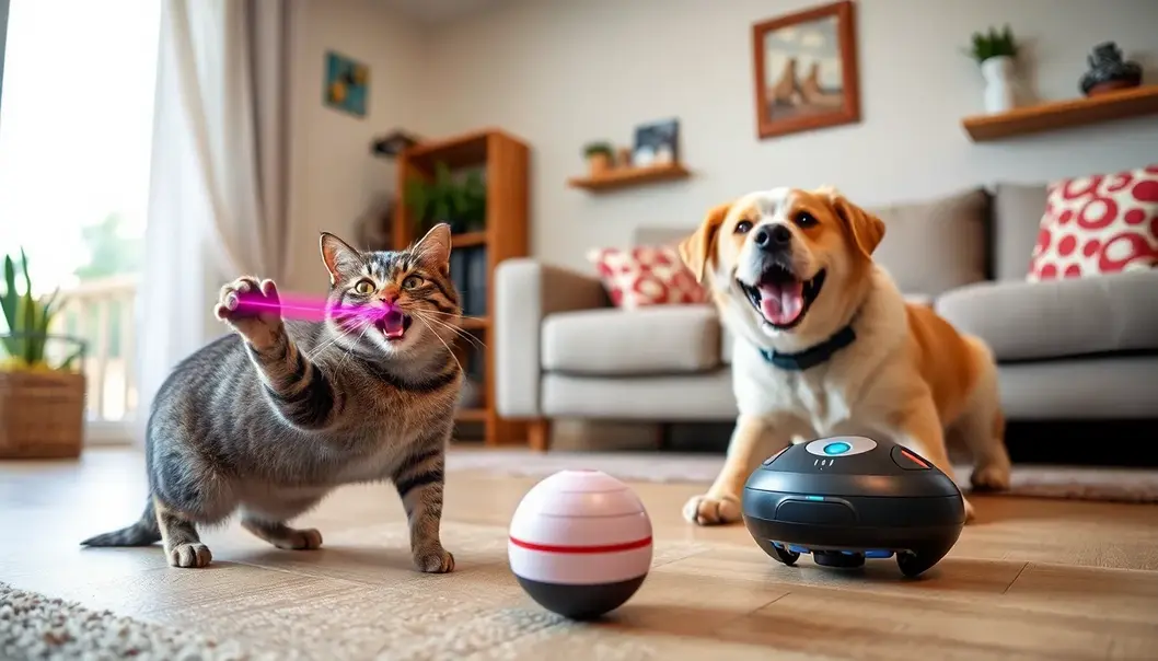 Cats and dogs enjoying smart toys that add an element of interactive play.