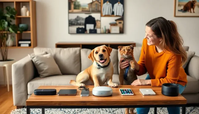 A pet owner with dog and cat, enjoying tech gadgets that promote practical and enjoyable pet care routines.