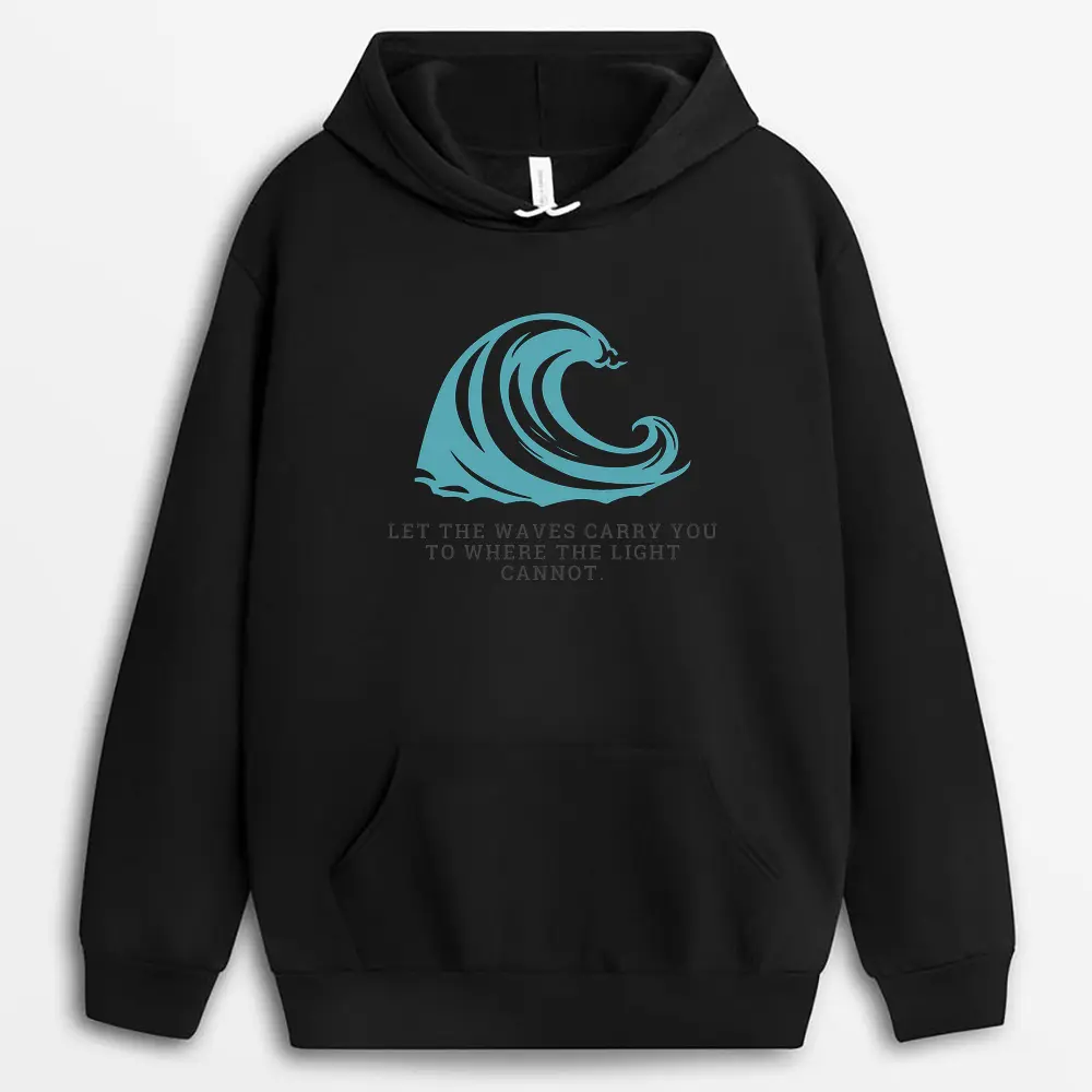Waves to the Unknown black hoodie with abstract sea-inspired design